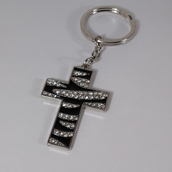 Silver Toned Black Cross Keychain with Rhinestones - Picture 3 of 5